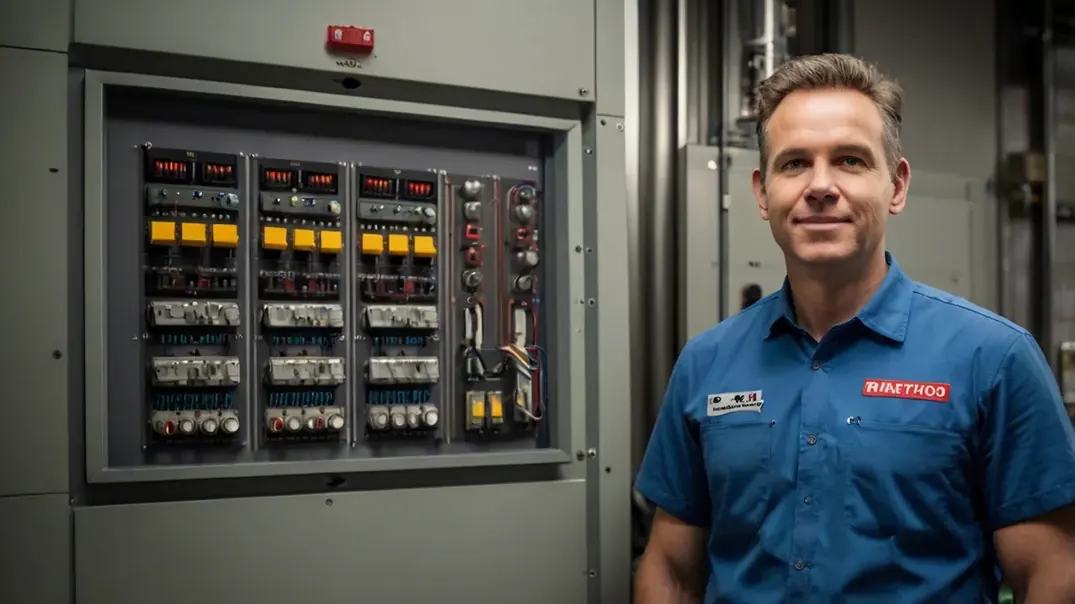 Eletricista em frente a um quadro de disjuntores